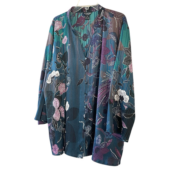 CITRON SANTA MONICA Size 3XL Purple Blue Floral Silk Textured Long Sleeve Tunic - Picture 10 of 10